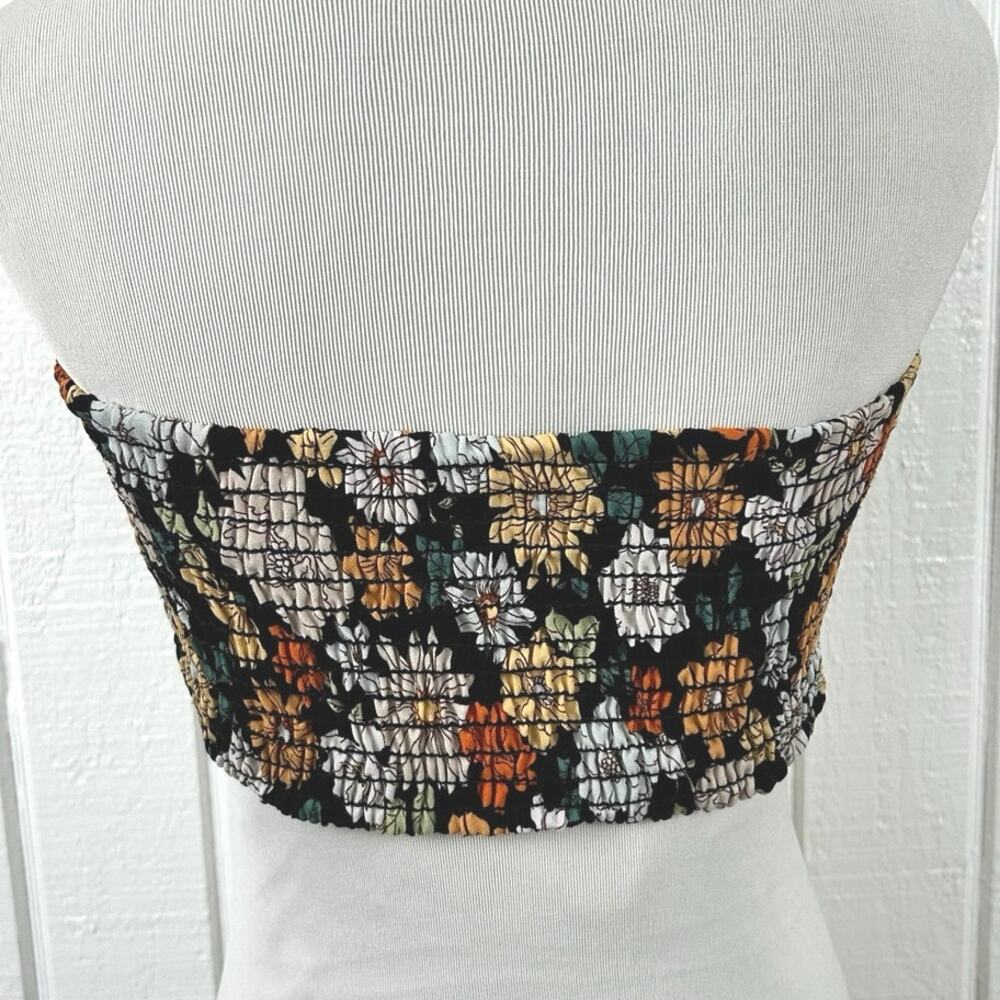 LE LIS Floral Strapless Corset Crop Top M Black Smocked Back Cottagecore Boho - Picture 4 of 5